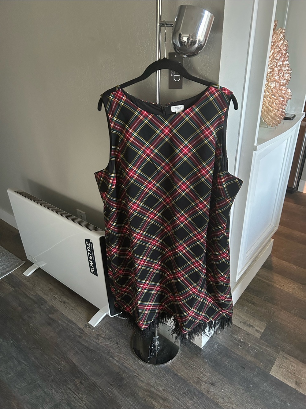 J. Crew Black Red Tartan Midi Dress with Fringe Hem